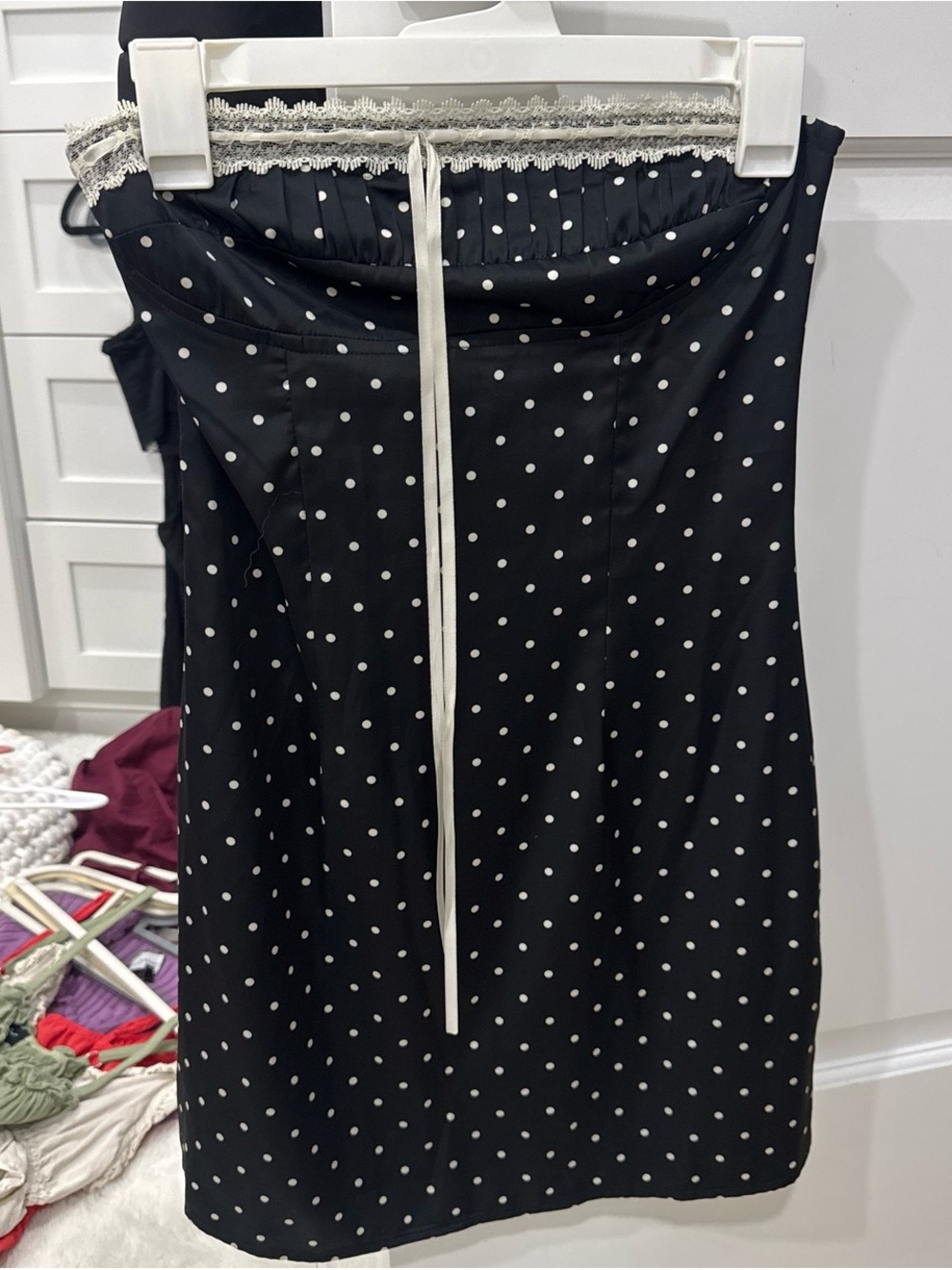 Polka Dot Strapless Mini Dress with Lace Trim